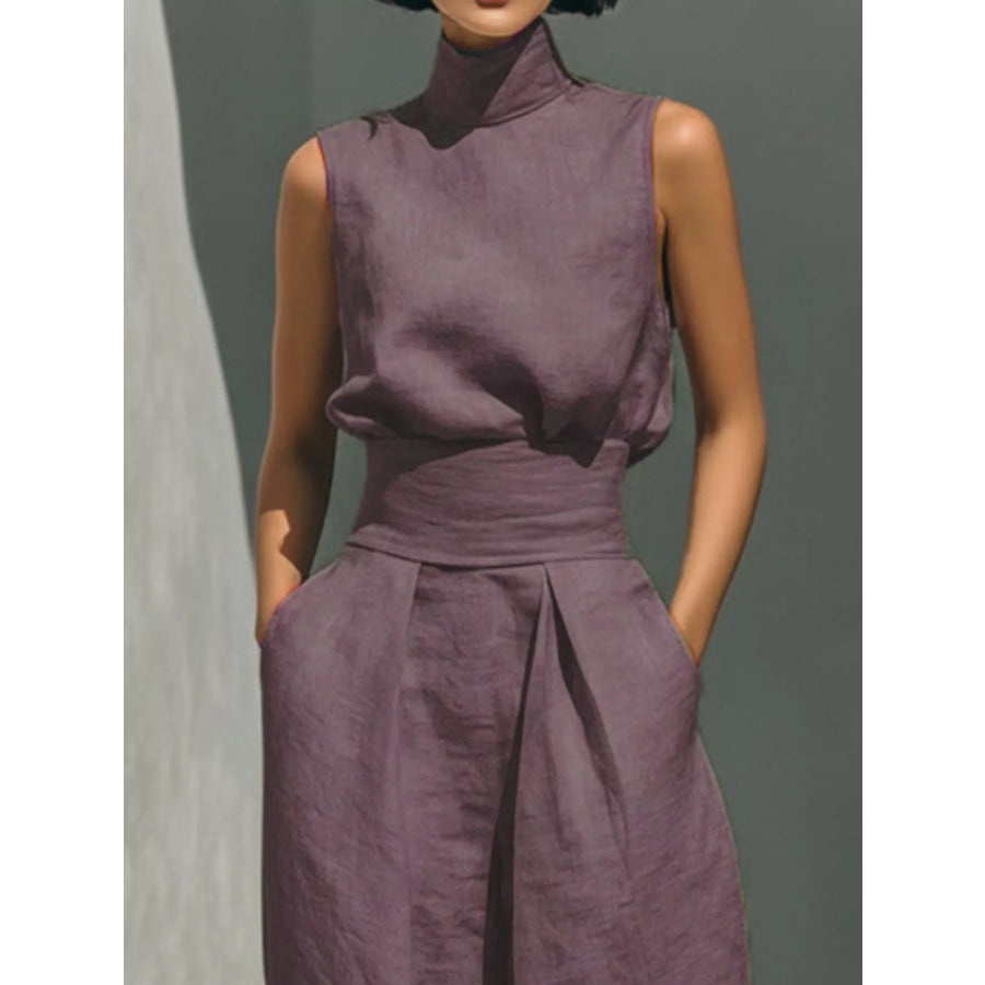 Full Size Turtleneck Sleeveless Top and Wide Leg Pants Set Plus Apparel Accessories