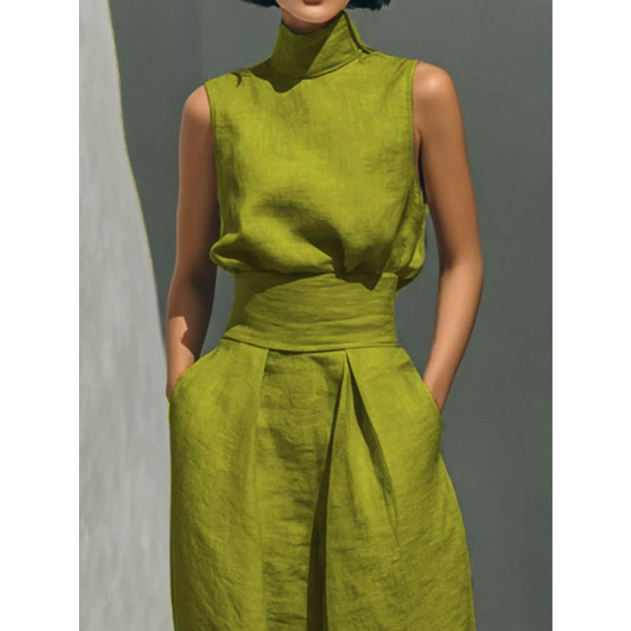 Full Size Turtleneck Sleeveless Top and Wide Leg Pants Set Plus Apparel Accessories