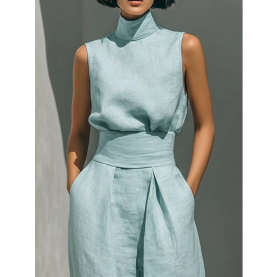 Full Size Turtleneck Sleeveless Top and Wide Leg Pants Set Plus Apparel Accessories