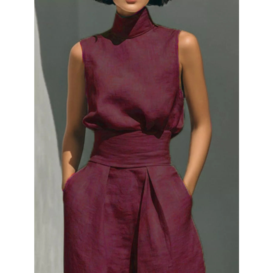 Full Size Turtleneck Sleeveless Top and Wide Leg Pants Set Plus Apparel Accessories