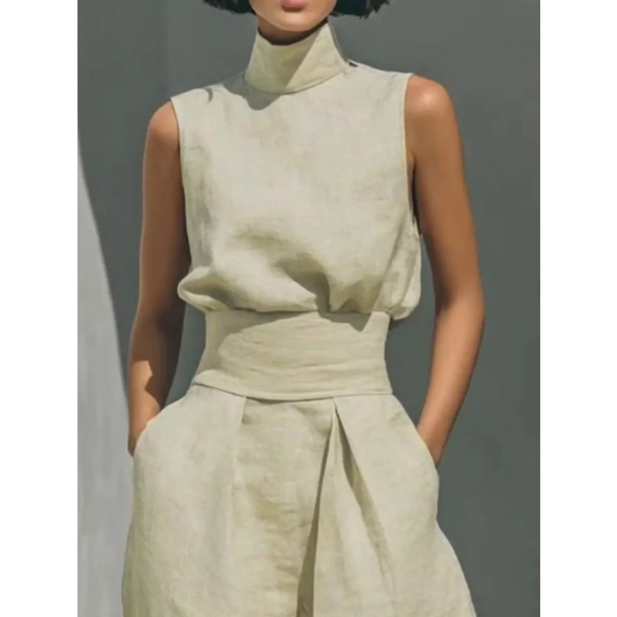 Full Size Turtleneck Sleeveless Top and Wide Leg Pants Set Plus Apparel Accessories