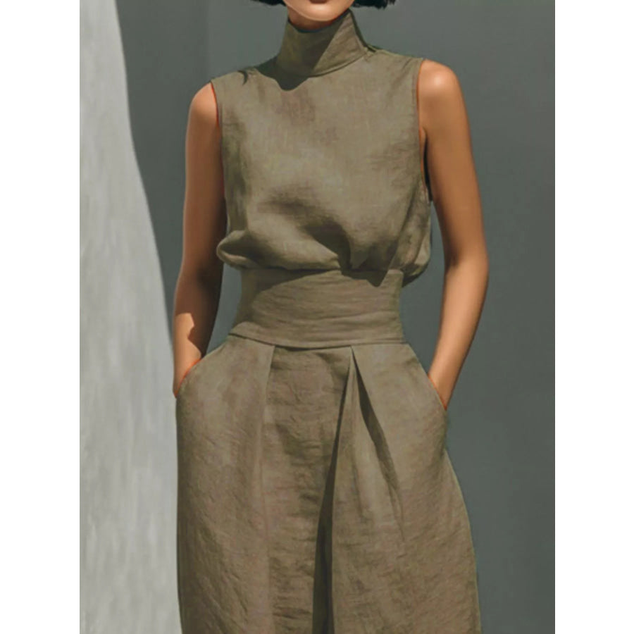 Full Size Turtleneck Sleeveless Top and Wide Leg Pants Set Plus Apparel Accessories