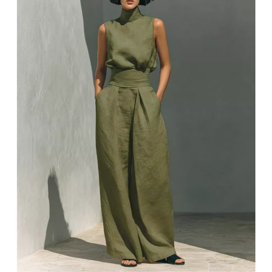 Full Size Turtleneck Sleeveless Top and Wide Leg Pants Set Plus Army Green / S Apparel Accessories