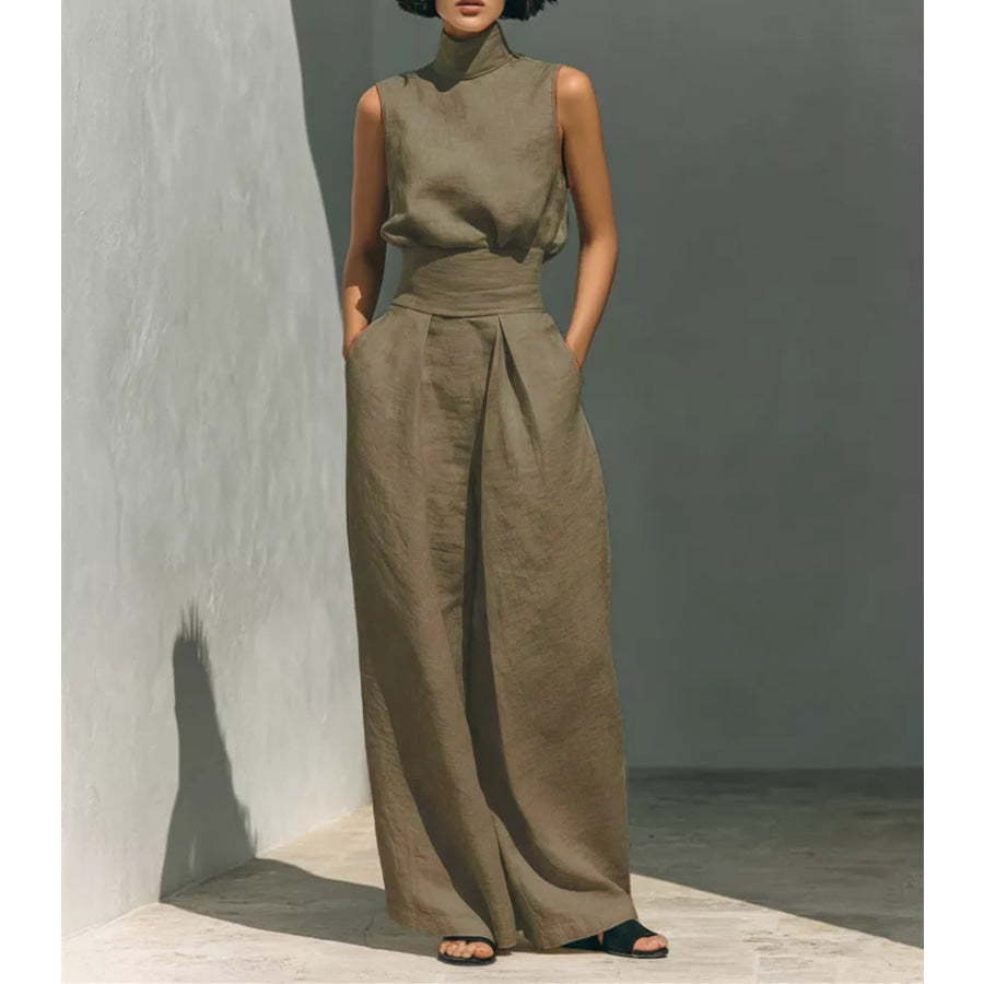 Full Size Turtleneck Sleeveless Top and Wide Leg Pants Set Plus Brownish Brown / S Apparel Accessories