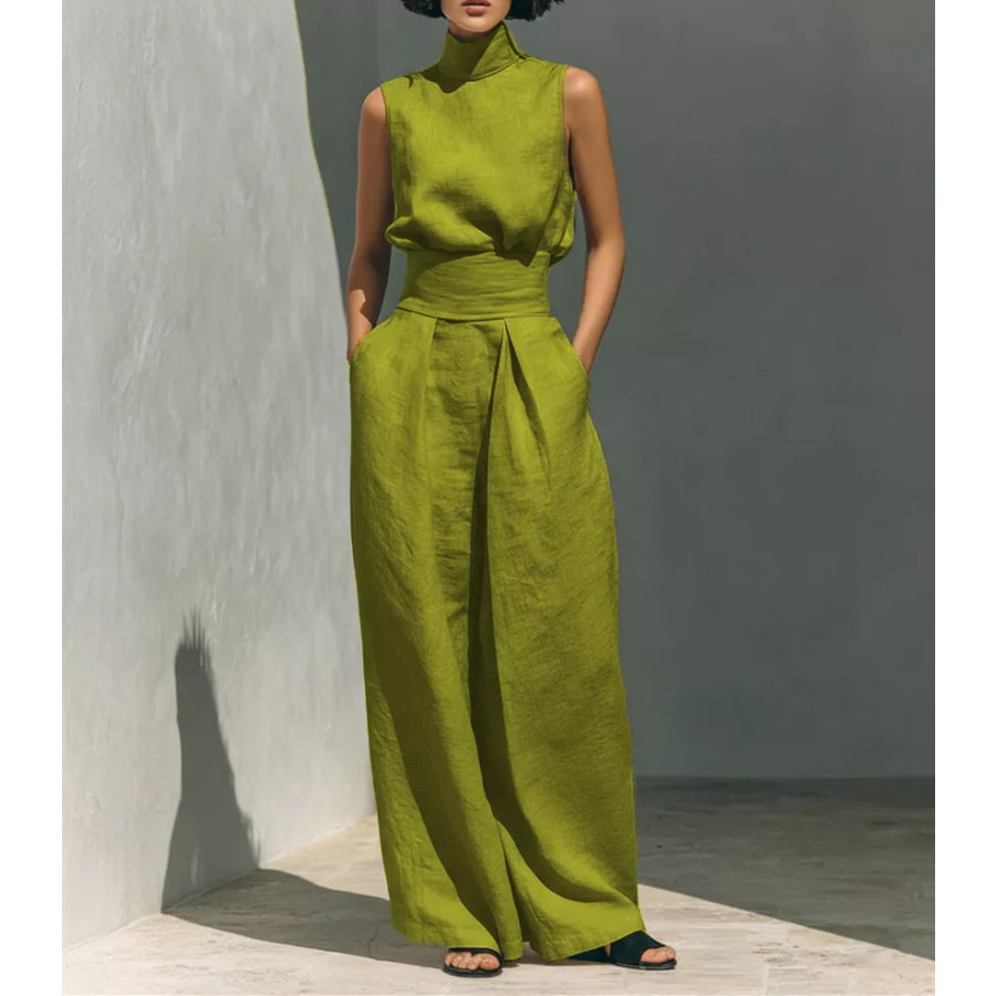 Full Size Turtleneck Sleeveless Top and Wide Leg Pants Set Plus Lemon Yellow / S Apparel Accessories