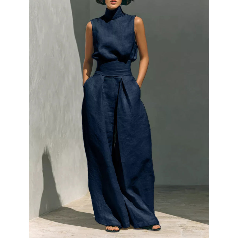 Full Size Turtleneck Sleeveless Top and Wide Leg Pants Set Plus Navy Blue / S Apparel Accessories