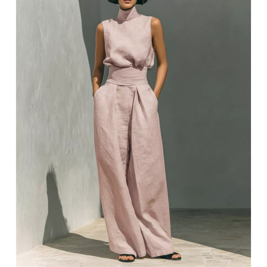 Full Size Turtleneck Sleeveless Top and Wide Leg Pants Set Plus Pink / S Apparel Accessories