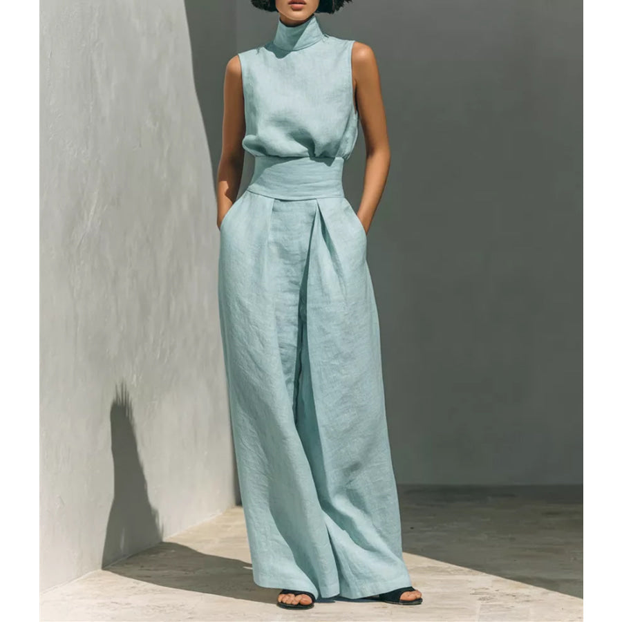 Full Size Turtleneck Sleeveless Top and Wide Leg Pants Set Plus Sky Blue / S Apparel Accessories