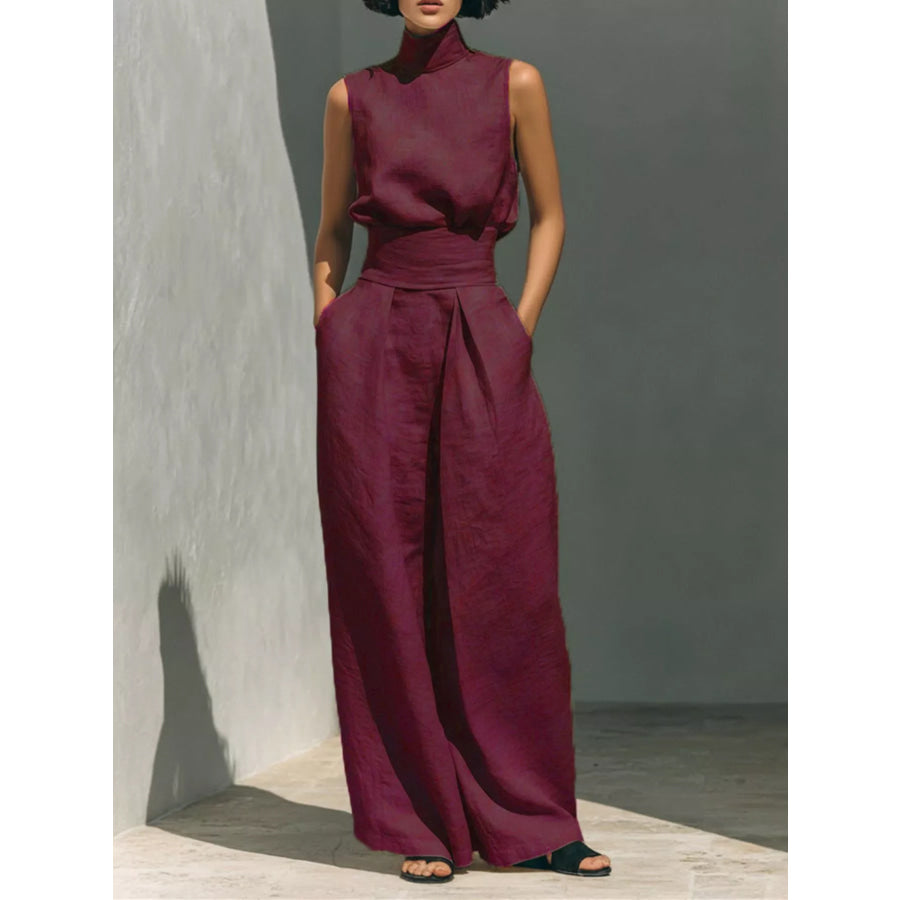 Full Size Turtleneck Sleeveless Top and Wide Leg Pants Set Plus Wine Red / S Apparel Accessories