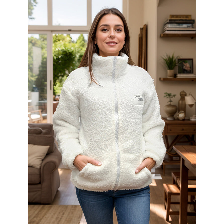 Full Size Turtleneck Zip Up Long Sleeve Sherpa Jacket Apparel and Accessories