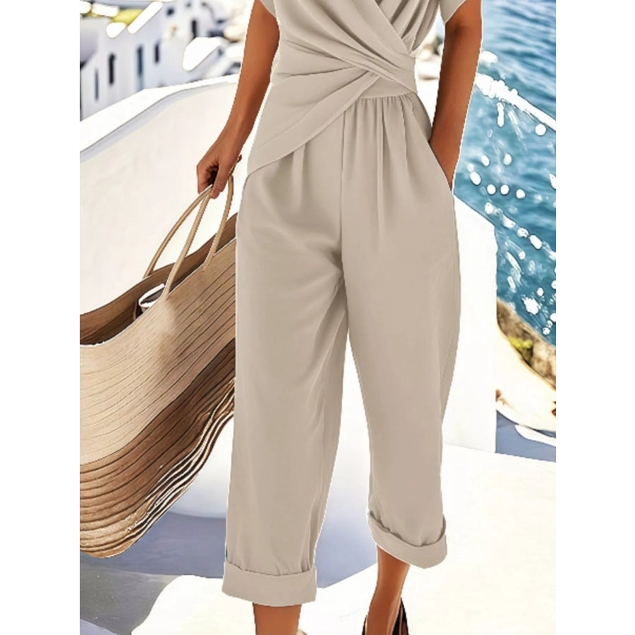 Full Size Twist-Front V-Neck Top and Pants Set Plus Size Apparel and Accessories