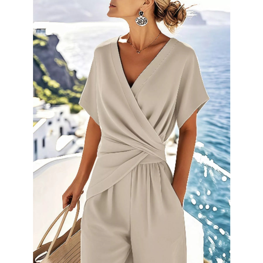 Full Size Twist-Front V-Neck Top and Pants Set Plus Size Apparel and Accessories