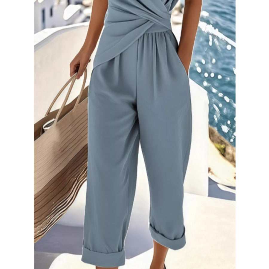 Full Size Twist-Front V-Neck Top and Pants Set Plus Size Apparel and Accessories
