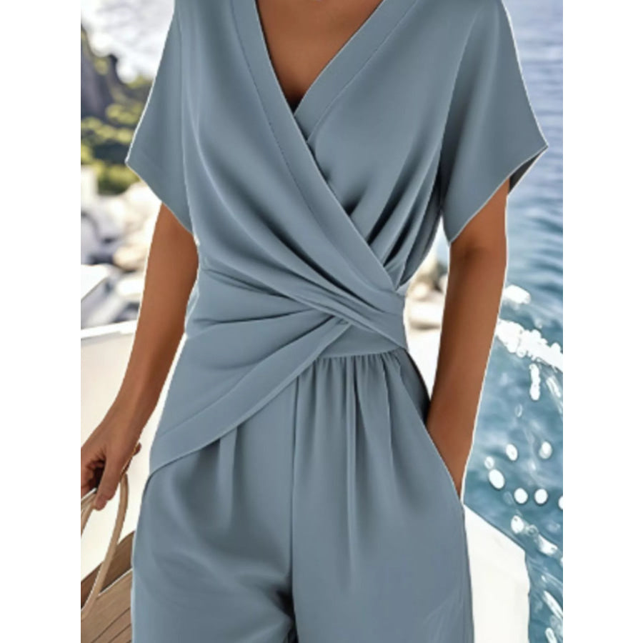 Full Size Twist-Front V-Neck Top and Pants Set Plus Size Apparel and Accessories