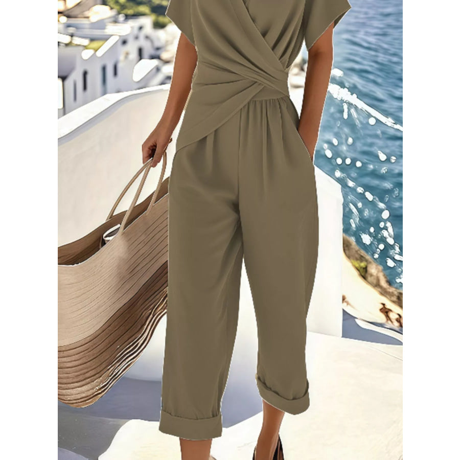 Full Size Twist-Front V-Neck Top and Pants Set Plus Size Apparel and Accessories
