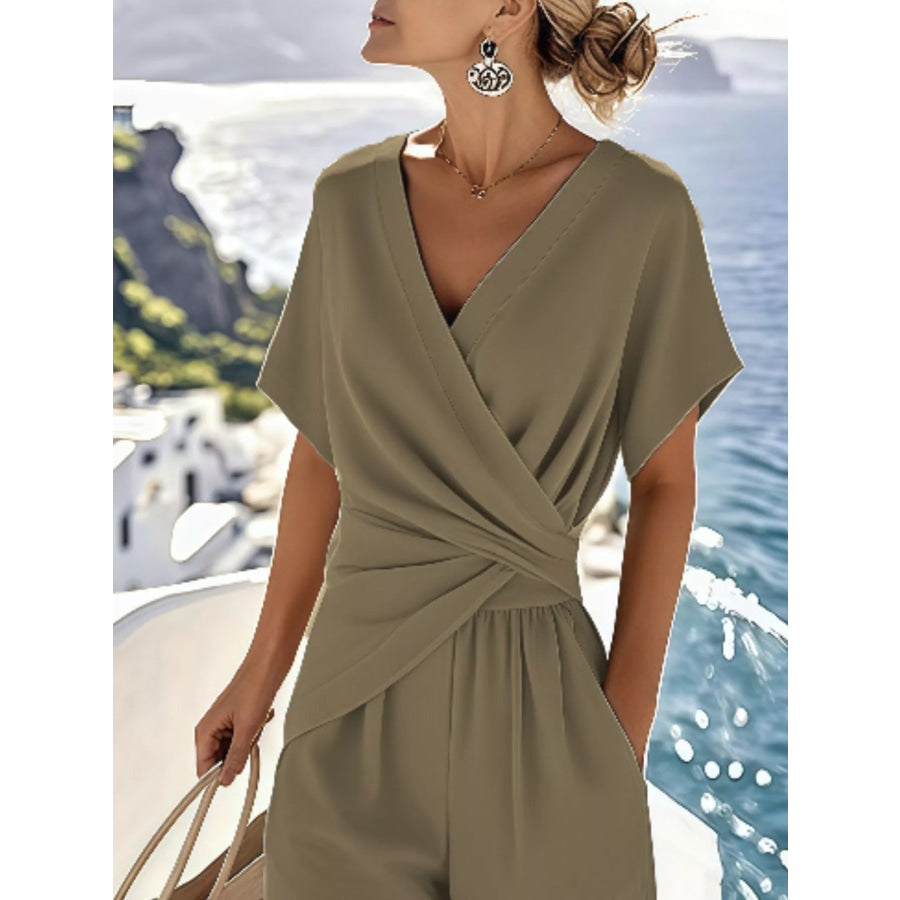 Full Size Twist-Front V-Neck Top and Pants Set Plus Size Apparel and Accessories