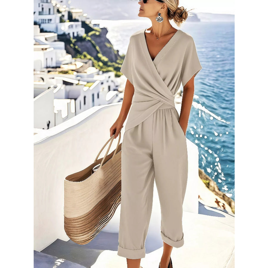 Full Size Twist-Front V-Neck Top and Pants Set Plus Size Beige / S Apparel and Accessories