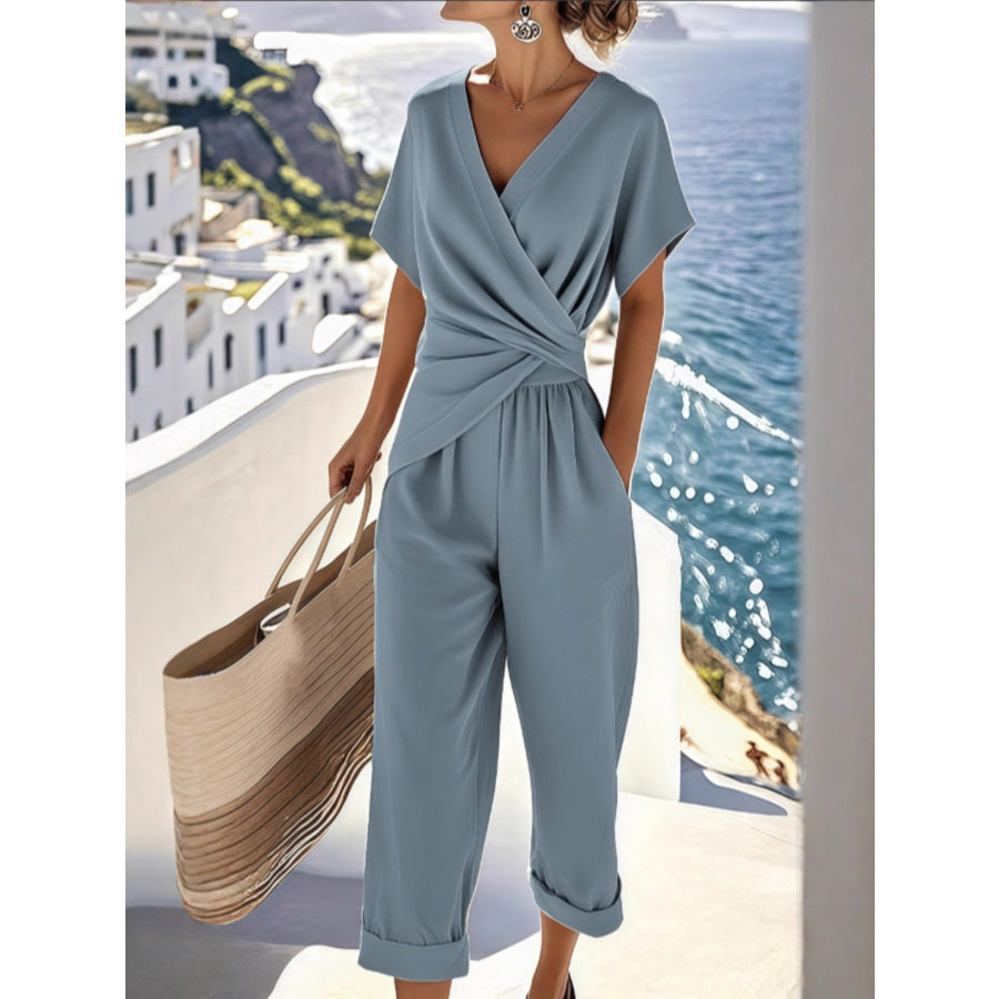 Full Size Twist-Front V-Neck Top and Pants Set Plus Size Blue / S Apparel and Accessories