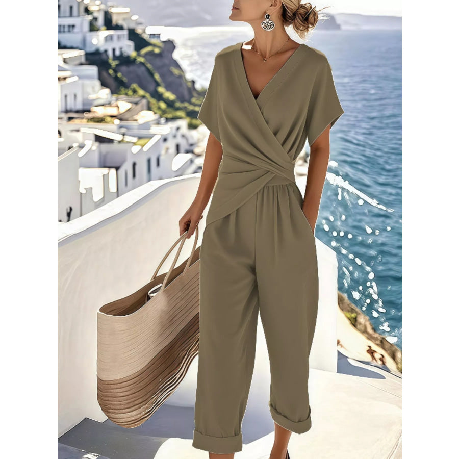 Full Size Twist-Front V-Neck Top and Pants Set Plus Size Khaki / S Apparel and Accessories