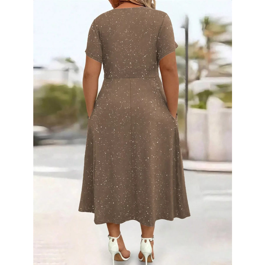 Full Size Twisted Front Short Sleeve Midi Dress with Pockets Plus Apparel and Accessories