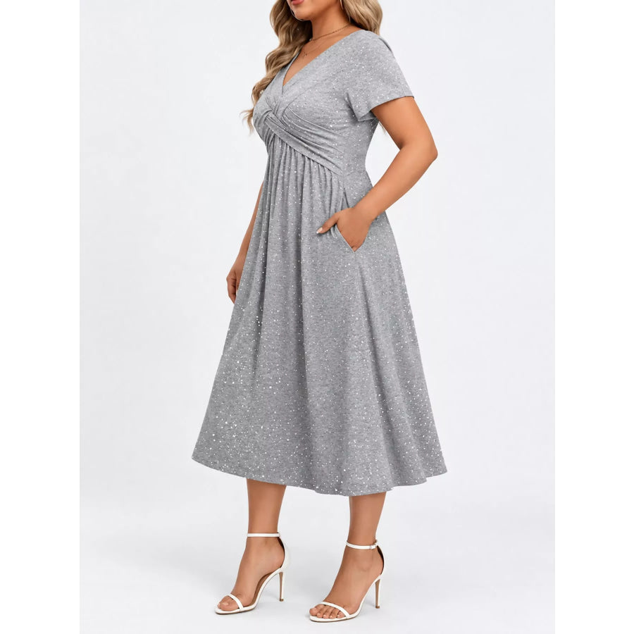 Full Size Twisted Front Short Sleeve Midi Dress with Pockets Plus Apparel and Accessories