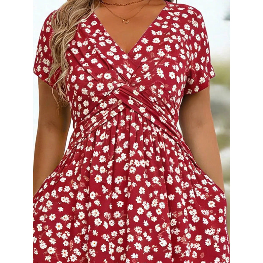Full Size Twisted Front Short Sleeve Midi Dress with Pockets Plus Apparel and Accessories