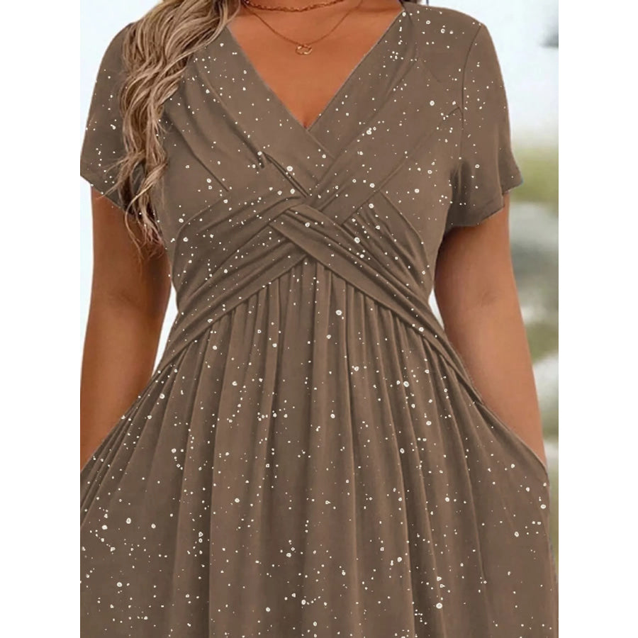 Full Size Twisted Front Short Sleeve Midi Dress with Pockets Plus Apparel and Accessories