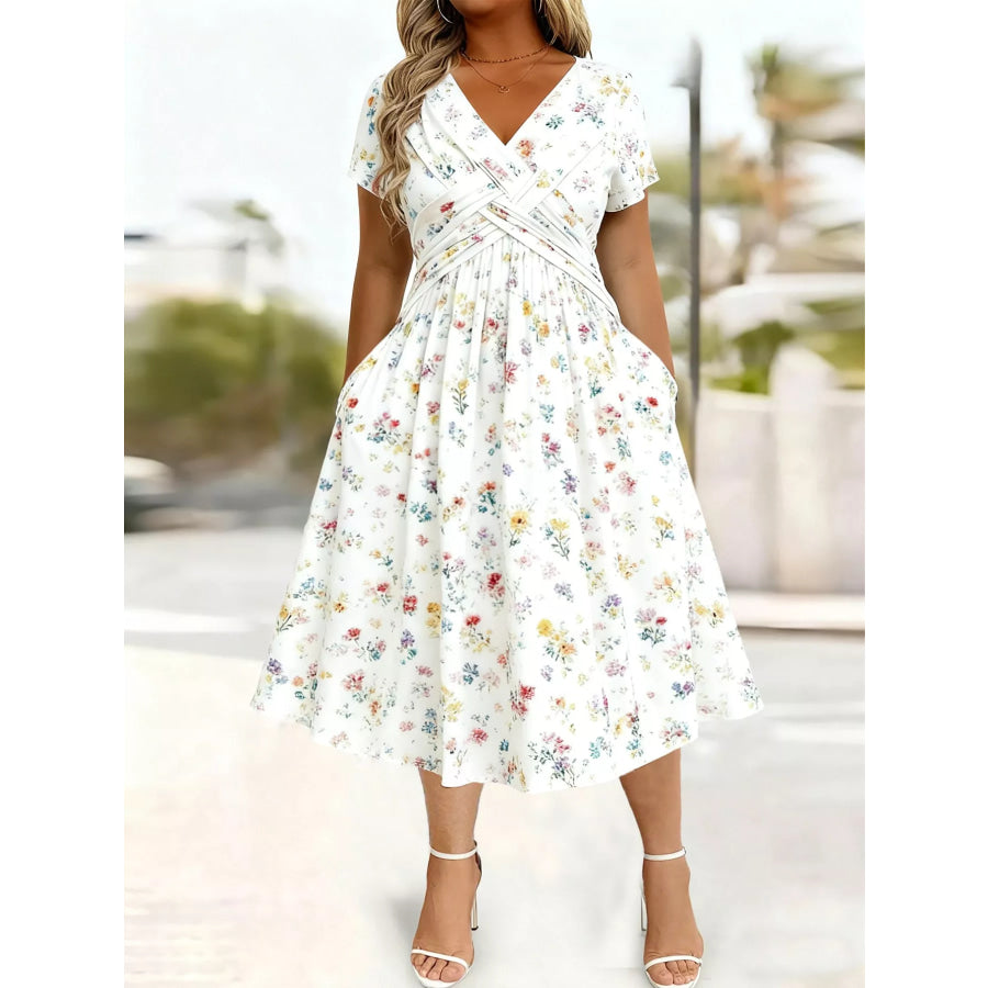 Full Size Twisted Front Short Sleeve Midi Dress with Pockets Plus Apparel and Accessories