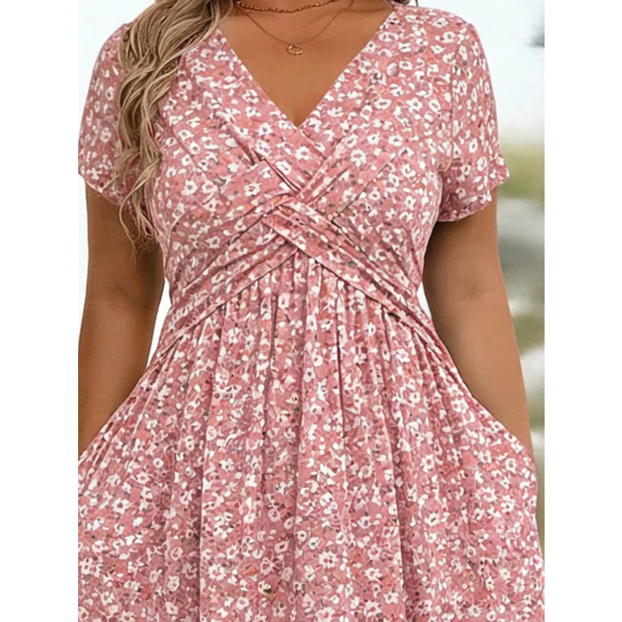 Full Size Twisted Front Short Sleeve Midi Dress with Pockets Plus Apparel and Accessories