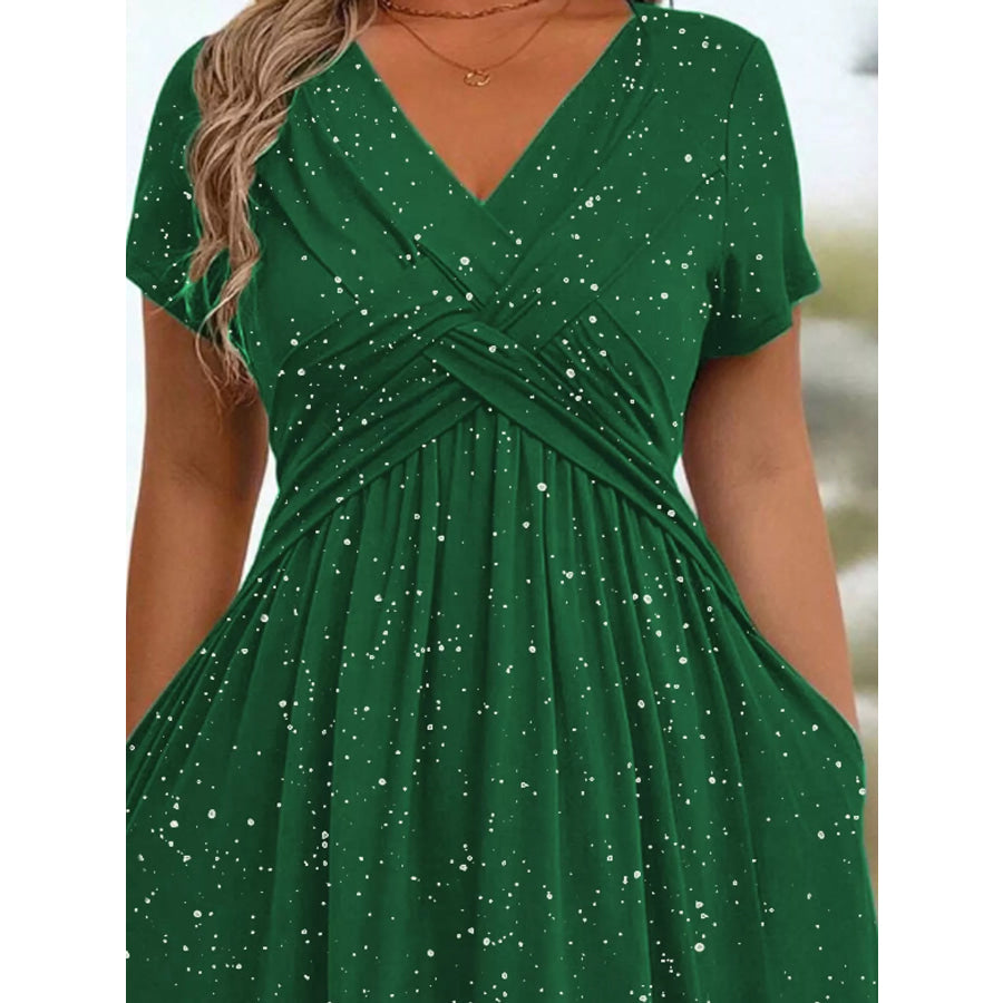 Full Size Twisted Front Short Sleeve Midi Dress with Pockets Plus Apparel and Accessories