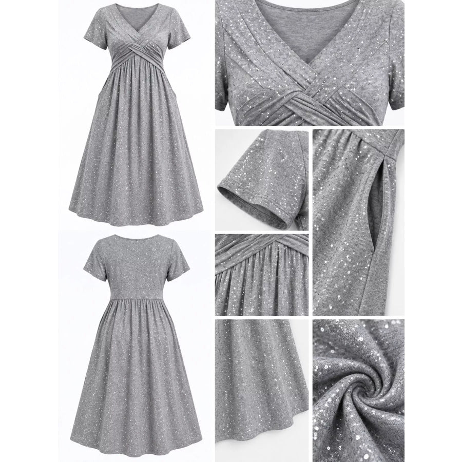 Full Size Twisted Front Short Sleeve Midi Dress with Pockets Plus Apparel and Accessories