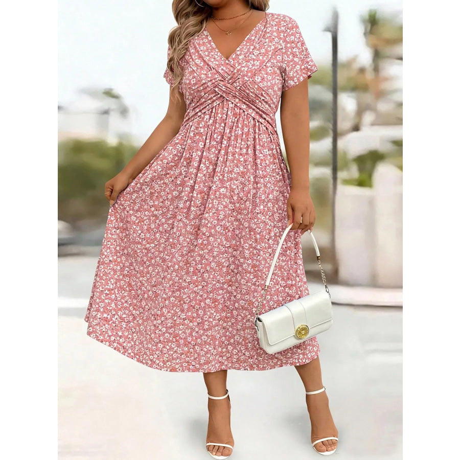 Full Size Twisted Front Short Sleeve Midi Dress with Pockets Plus Apparel and Accessories