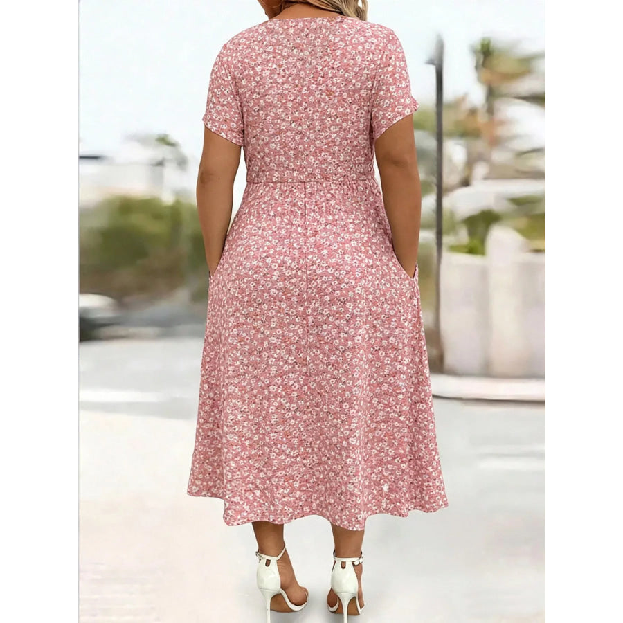 Full Size Twisted Front Short Sleeve Midi Dress with Pockets Plus Apparel and Accessories