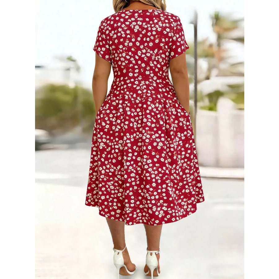 Full Size Twisted Front Short Sleeve Midi Dress with Pockets Plus Apparel and Accessories