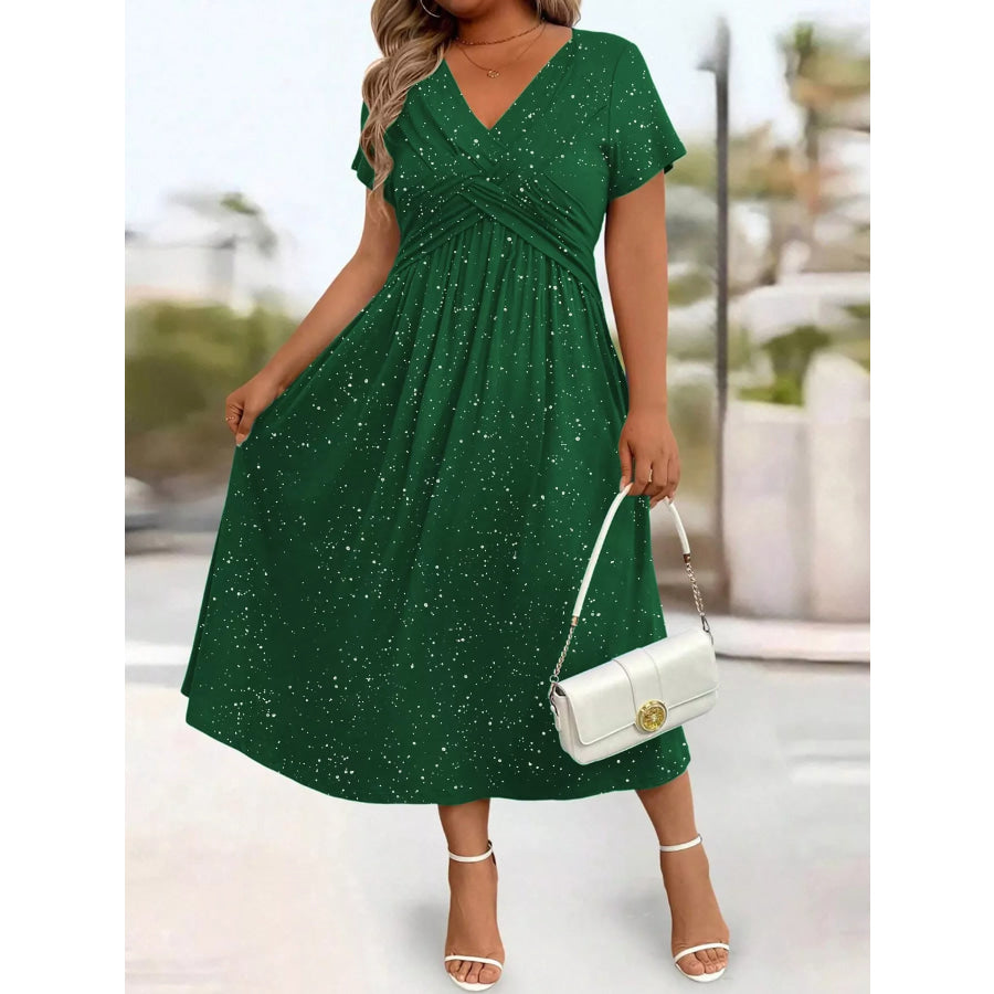 Full Size Twisted Front Short Sleeve Midi Dress with Pockets Plus Apparel and Accessories