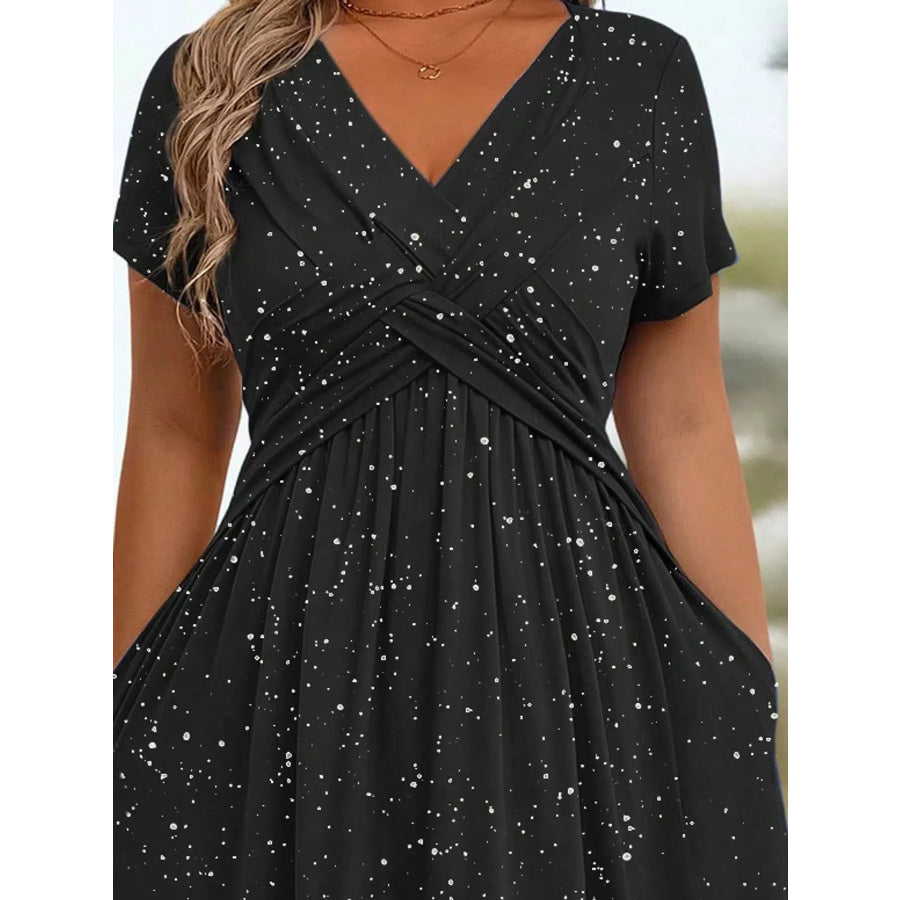 Full Size Twisted Front Short Sleeve Midi Dress with Pockets Plus Apparel and Accessories