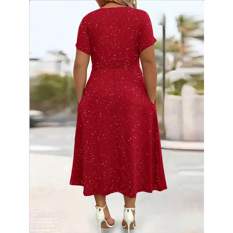 Full Size Twisted Front Short Sleeve Midi Dress with Pockets Plus Apparel and Accessories