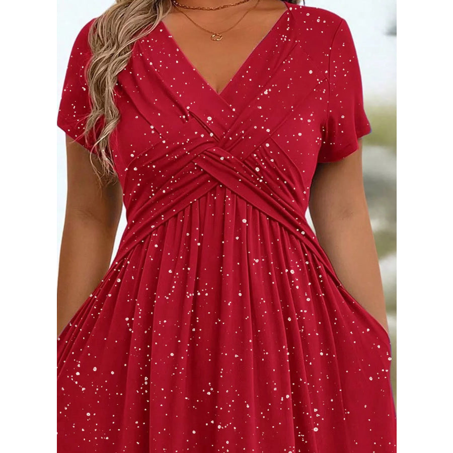 Full Size Twisted Front Short Sleeve Midi Dress with Pockets Plus Apparel and Accessories