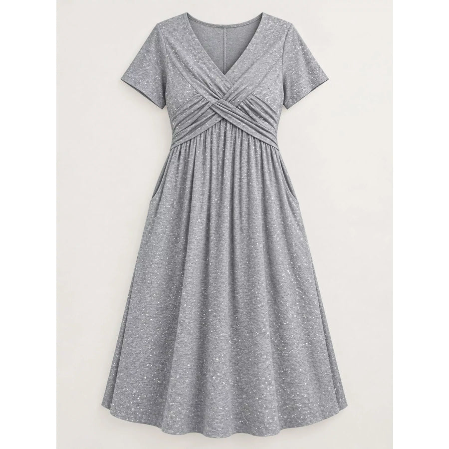Full Size Twisted Front Short Sleeve Midi Dress with Pockets Plus Apparel and Accessories
