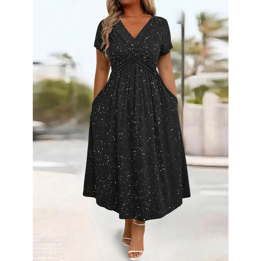 Full Size Twisted Front Short Sleeve Midi Dress with Pockets Plus Black / S Apparel and Accessories