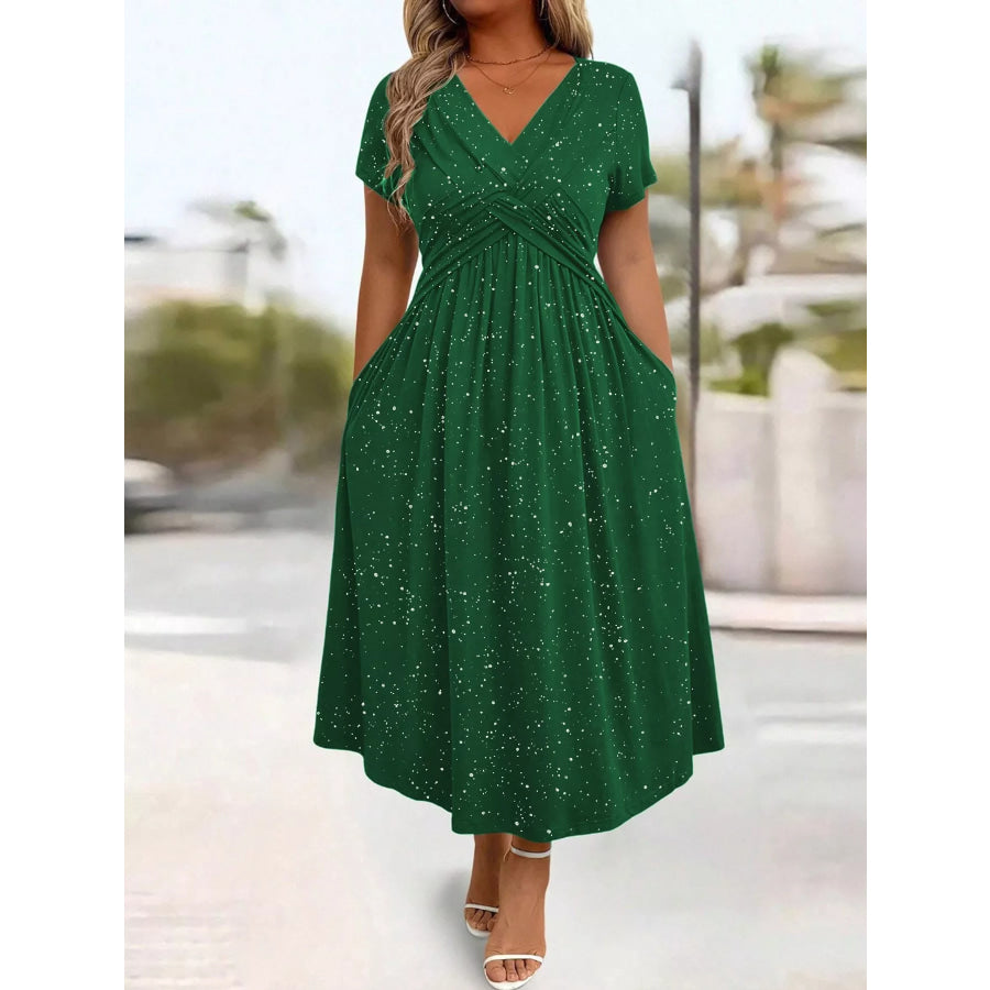 Full Size Twisted Front Short Sleeve Midi Dress with Pockets Plus Green / S Apparel and Accessories