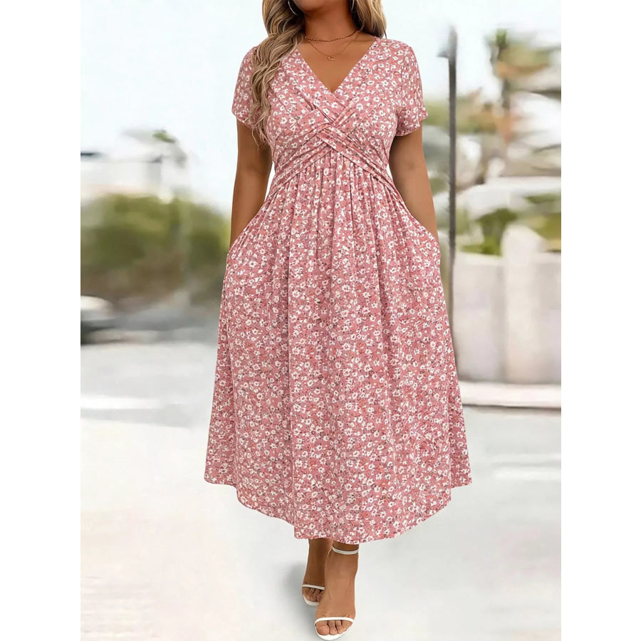 Full Size Twisted Front Short Sleeve Midi Dress with Pockets Plus Pink-Print / S Apparel and Accessories
