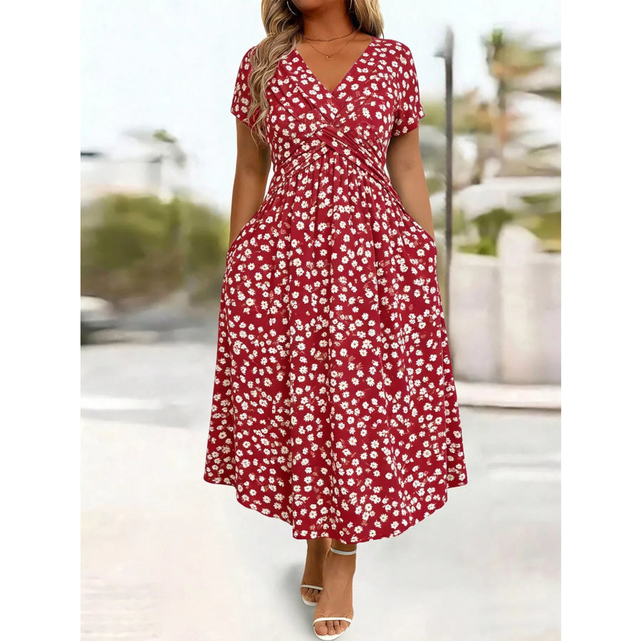 Full Size Twisted Front Short Sleeve Midi Dress with Pockets Plus Red-Print / S Apparel and Accessories