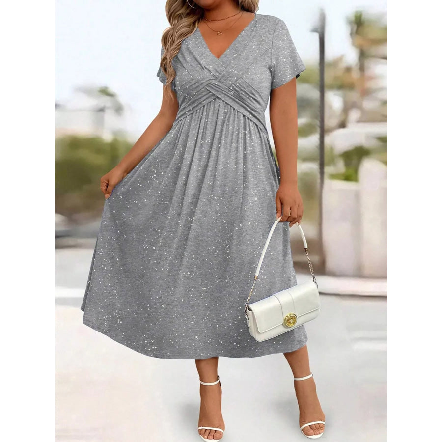 Full Size Twisted Front Short Sleeve Midi Dress with Pockets Plus Silver Gray / S Apparel and Accessories