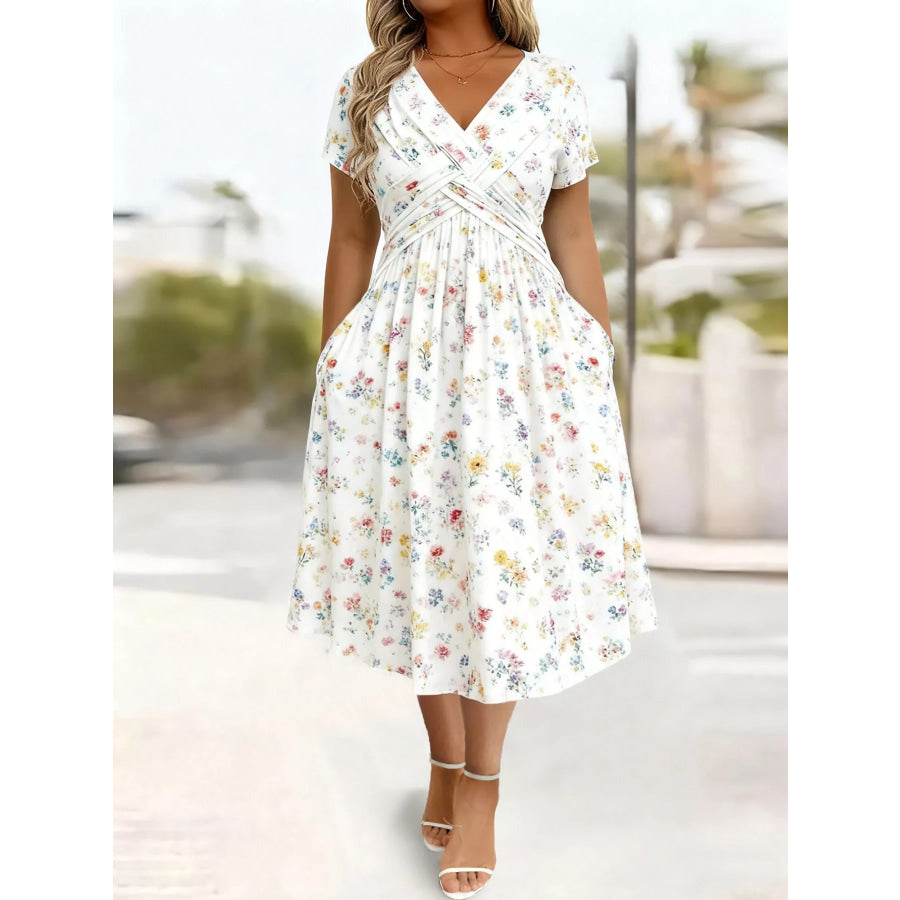 Full Size Twisted Front Short Sleeve Midi Dress with Pockets Plus White-Print / S Apparel and Accessories