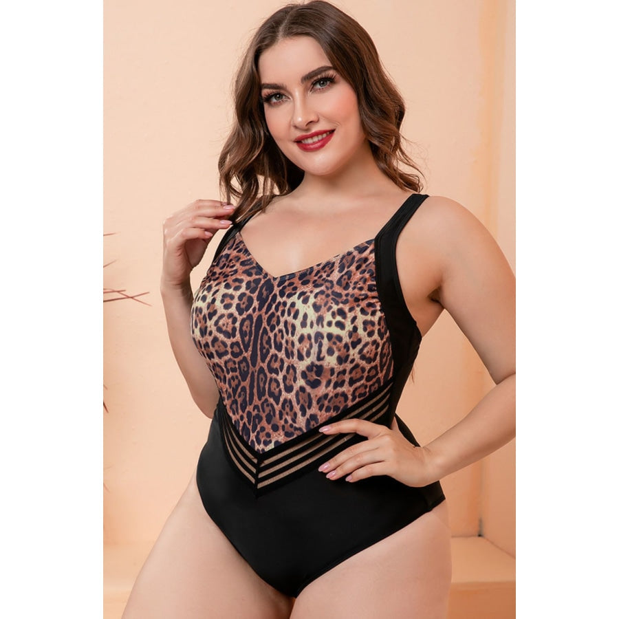 Full Size Two-Tone One-Piece Swimsuit Leopard / M