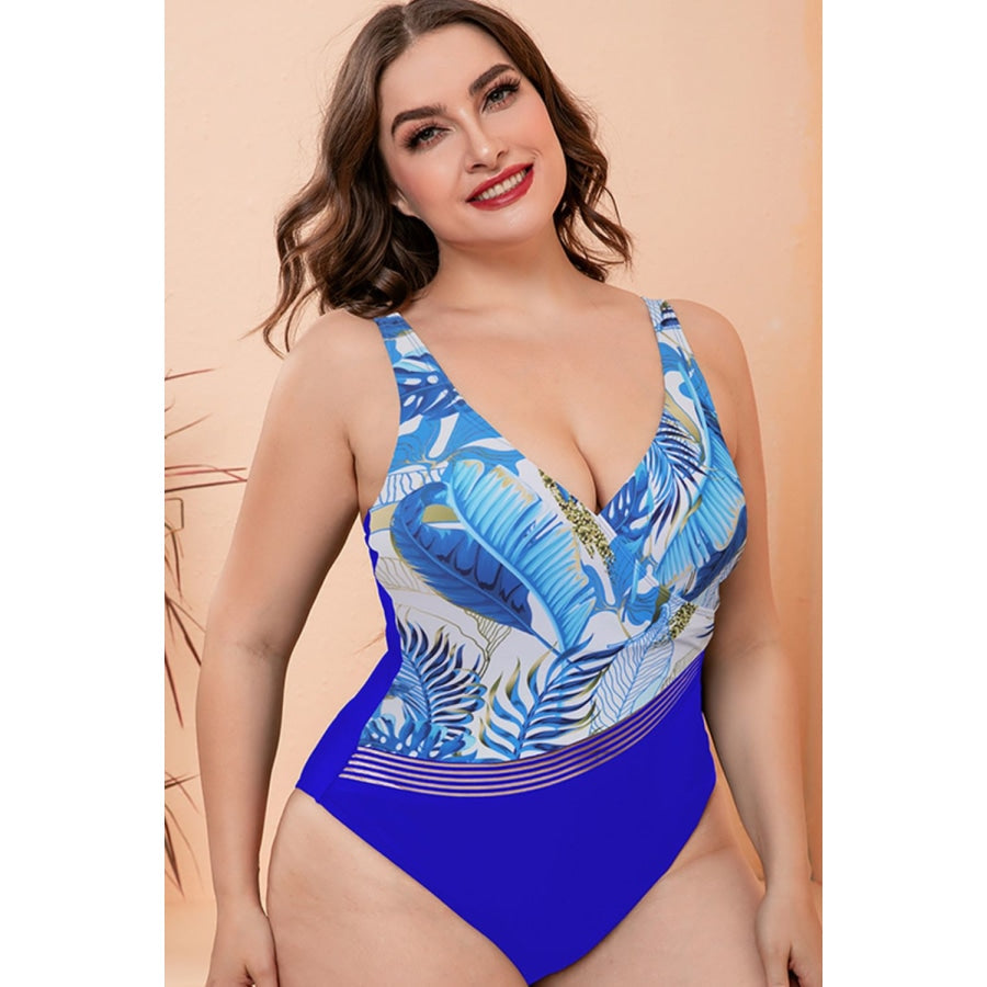 Full Size Two-Tone Plunge One-Piece Swimsuit Blue Floral / M