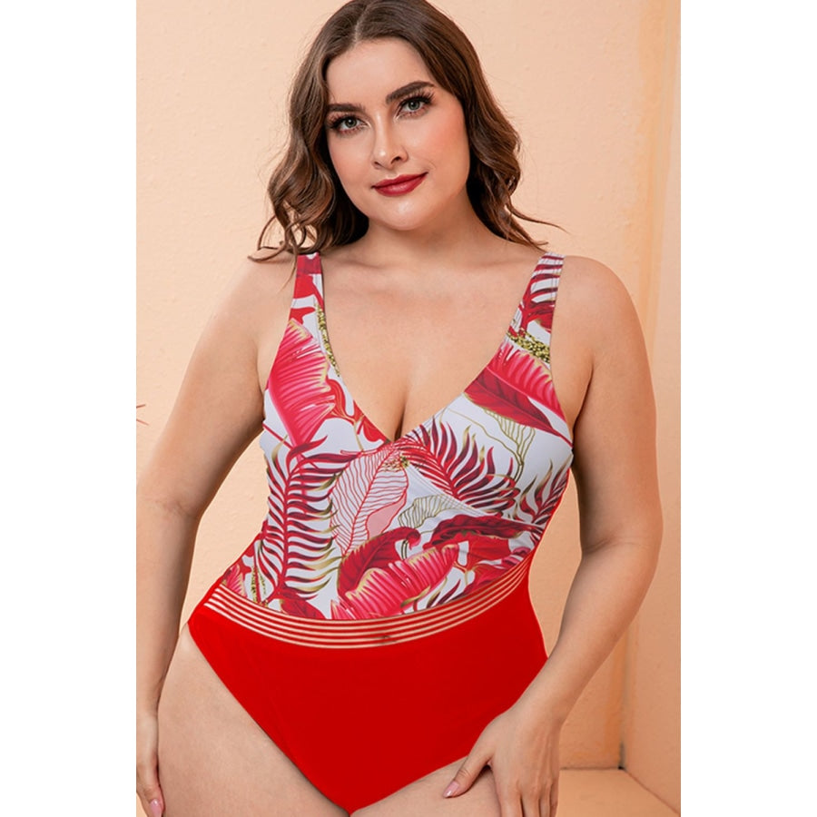 Full Size Two-Tone Plunge One-Piece Swimsuit Red Floral / M
