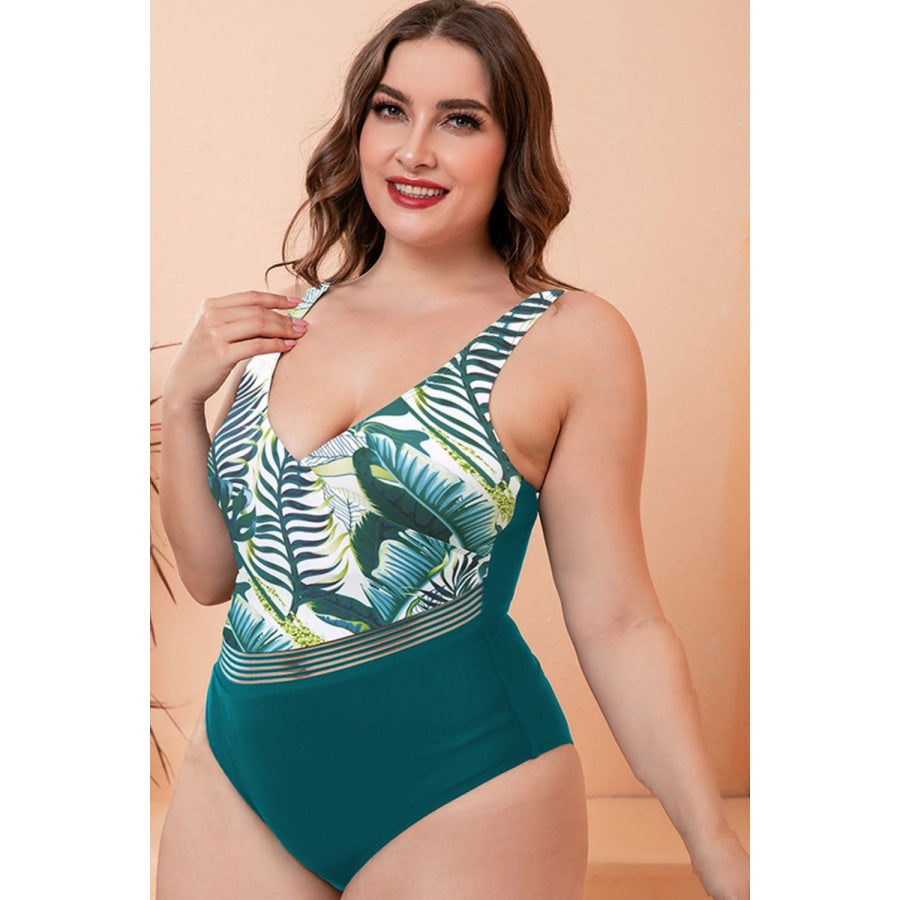 Full Size Two-Tone Plunge One-Piece Swimsuit Green Floral / M