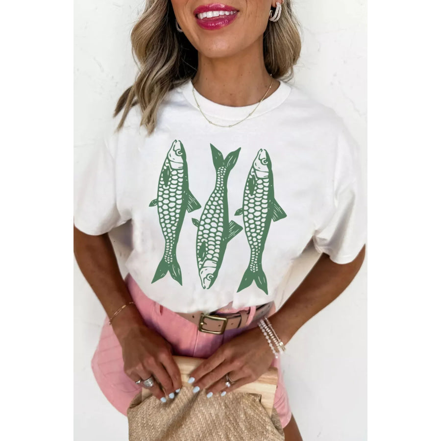Full Size Unique Fish Graphic Casual Round Neck Tee Plus Size Apparel and Accessories